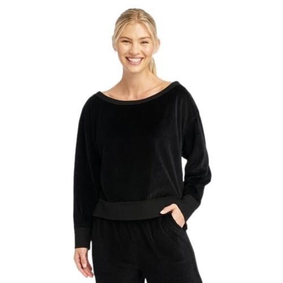 JoyLab Women's Velour Oversized Neck Sweatshirt Black‎ Size XS - Picture 1 of 3